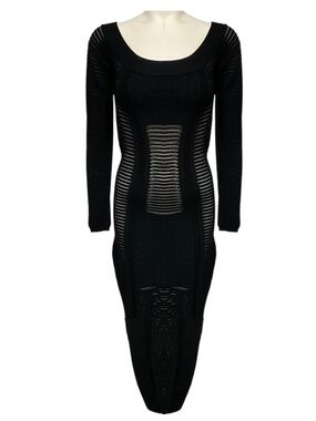 BALMAIN BLACK LONG SLEEVED RIBBED KNIT MIDI DRESS